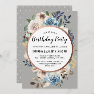 Invitation Bleu et ivoire Rustique fête d'anniversaire