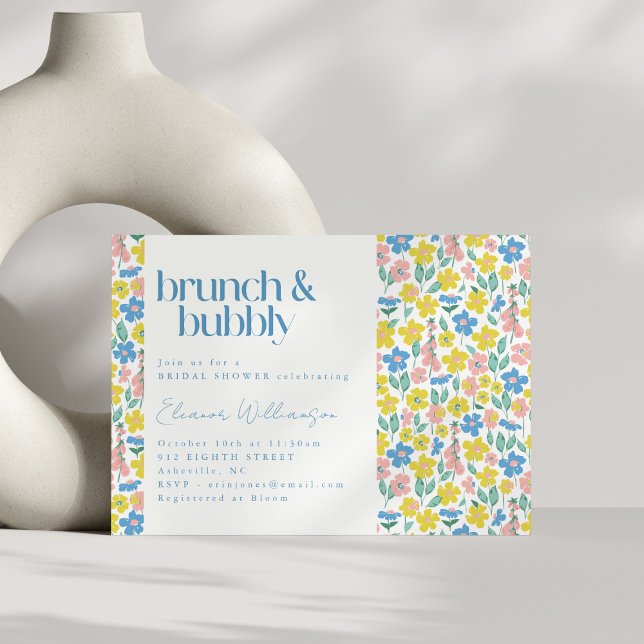 Invitation Bleu et Jaune Ditsy Brunch Floral Bubbly (Créateur téléchargé)