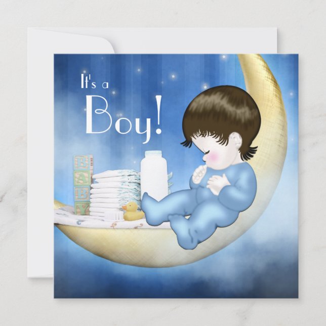 Invitation Bleu et Jaune Lune Baby Boy Douche (Devant)