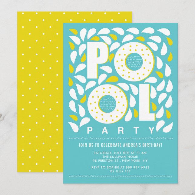 Invitation Bleu et Jaune Pool Party Splash Anniversaire (Devant / Derrière)