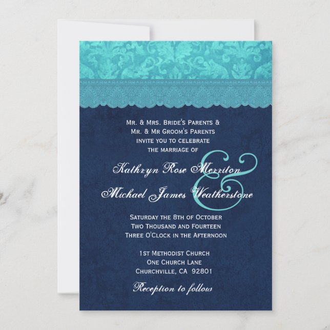 Invitation Bleu et marine mariage damassé A001 d'Aqua (Devant)