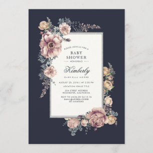 Invitation Bleu et Mauve Elégant Baby shower Floral Vintage