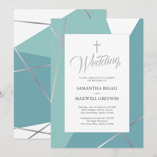 Invitation Bleu et Mint Vert Mariage chrétien (Devant / Derrière)