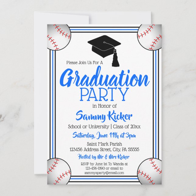 Invitation Bleu et noir de baseball fête de graduation (Devant)