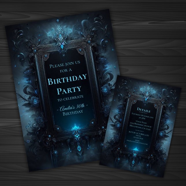 Invitation Bleu et noir Mystique cuisine gothique Anniversair (image shows front and back of invitation)
