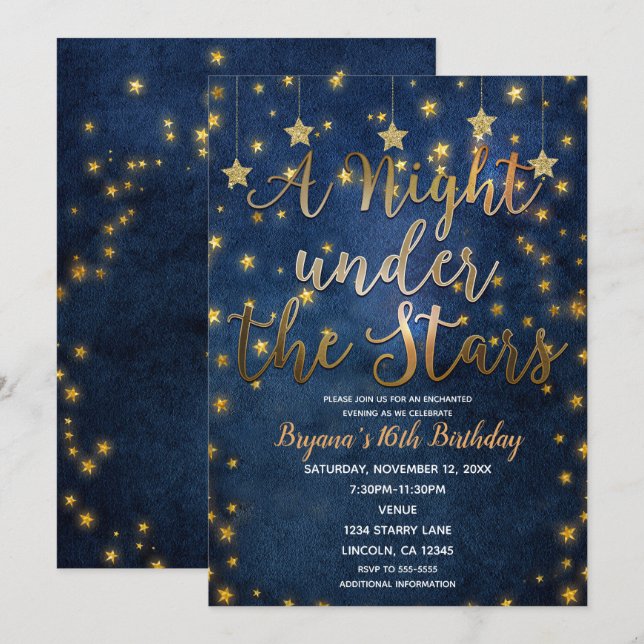 Invitation Bleu et nuit d'or sous les étoiles Ciel céleste (Devant / Derrière)
