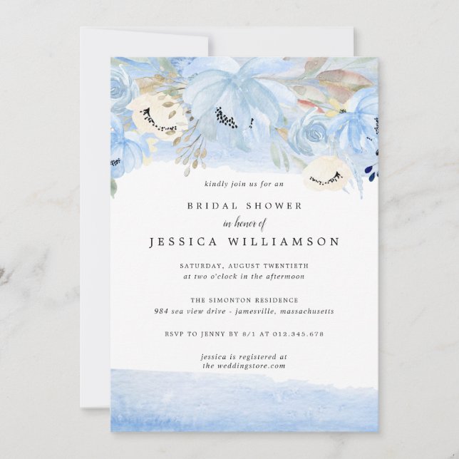 Invitation Bleu et or Aquarelle Florale (Devant)