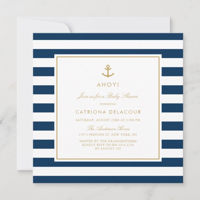 Invitation Bleu et or Baby shower des rayures nautiques (Devant)