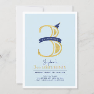 Invitation Bleu et or   Boy 3e fête d'anniversaire