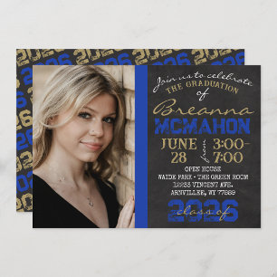 Invitation Bleu et or Chalkboard Graduation Photo