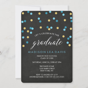 Invitation Bleu et or Confetti Chalkboard Partie de graduatio