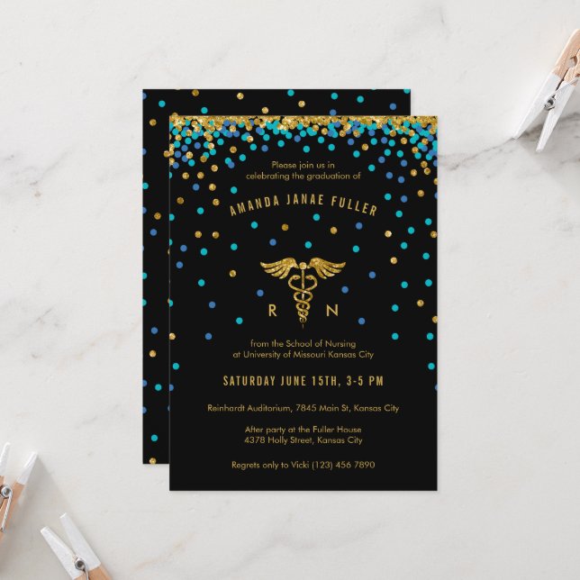 Invitation Bleu et or Confetti Infirmière (Devant/Arrière en situation)