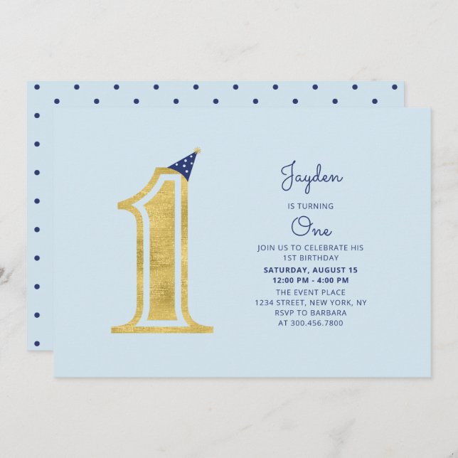 Invitation Bleu et or | Cute Modern Boy 1ère fête d'anniversa (Devant / Derrière)
