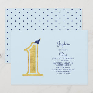 Invitation Bleu et or   Cute Modern Boy 1ère fête d'anniversa
