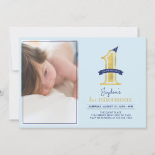 Invitation Bleu et or   Cute Modern Boy 1ère fête d'anniversa