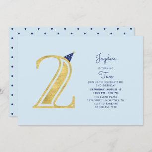 Invitation Bleu et or   Cute Modern Boy 2e fête d'anniversair