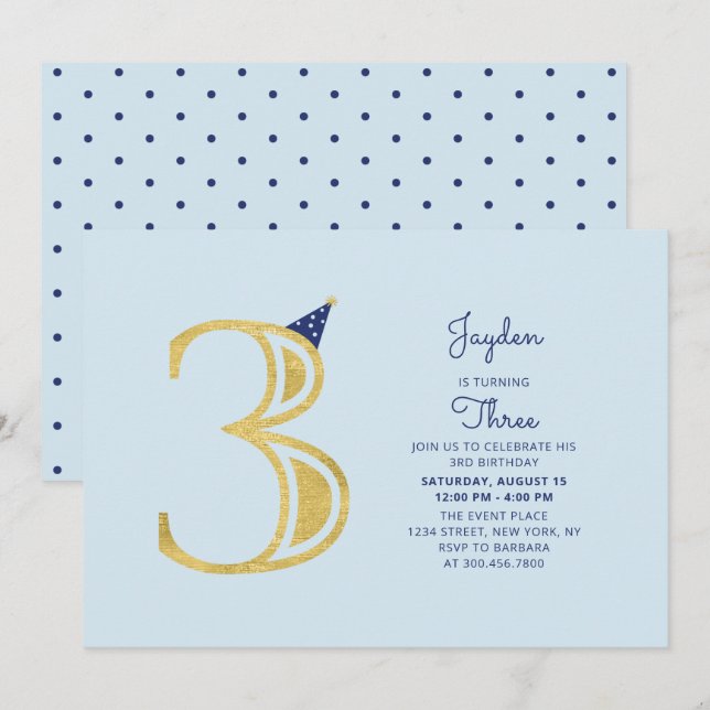 Invitation Bleu et or | Cute Modern Boy 3e fête d'anniversair (Devant / Derrière)