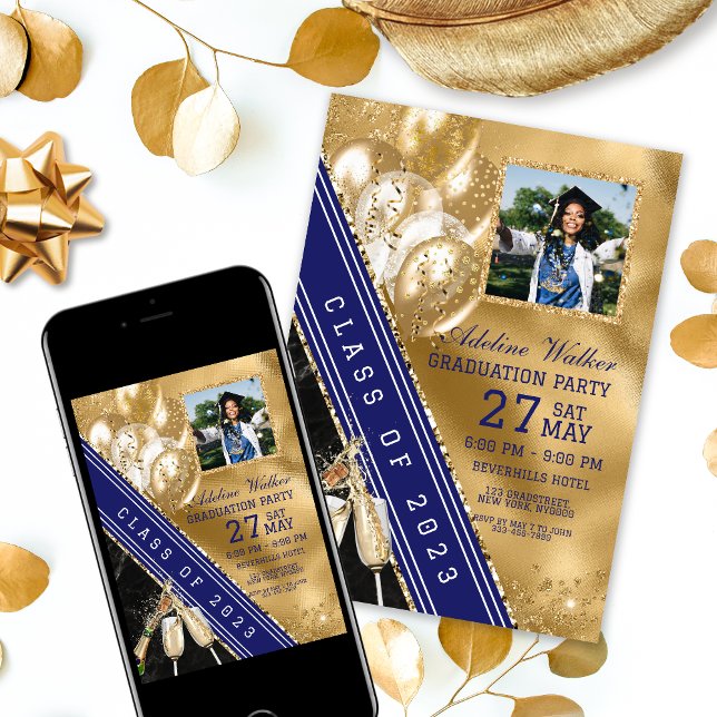 Invitation Bleu et or de la Marine Photo Graduation Party Inv (Créateur téléchargé)