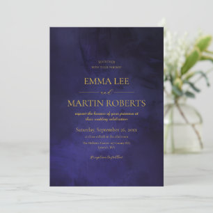 Invitation Bleu et Or Élégant Faux Velours Mariage