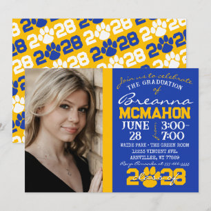 Invitation Bleu et or Empreinte de patte Graduation Photo Inv