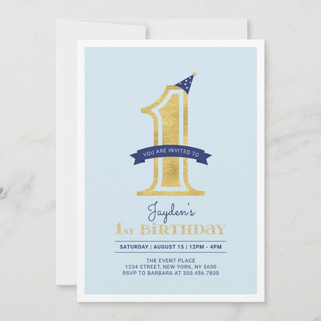 Invitation Bleu et or | Fête du 1er anniversaire du garçon (Devant)