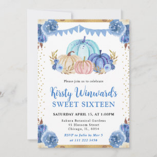 Invitation Bleu et or Floral Citrouille Fall Sweet 16
