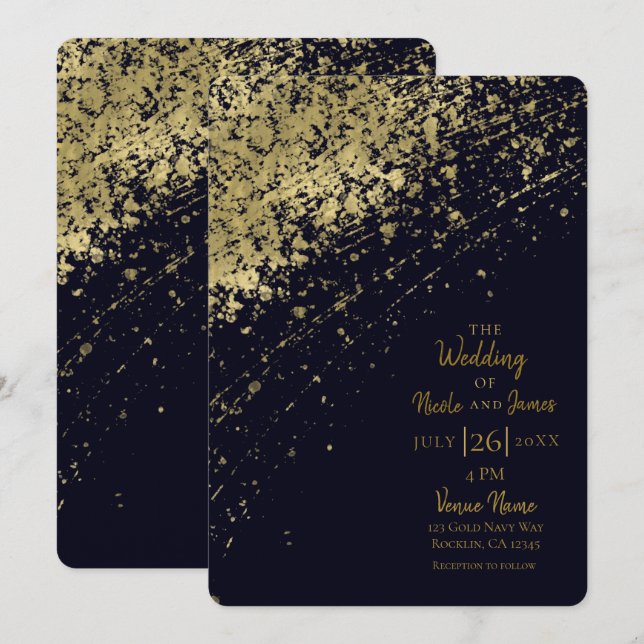 Invitation Bleu et or Glamor Paint Splatter Mariage moderne (Devant / Derrière)