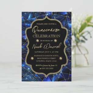 Invitation Bleu et or Midnight Crystal Galaxy Quinceanera