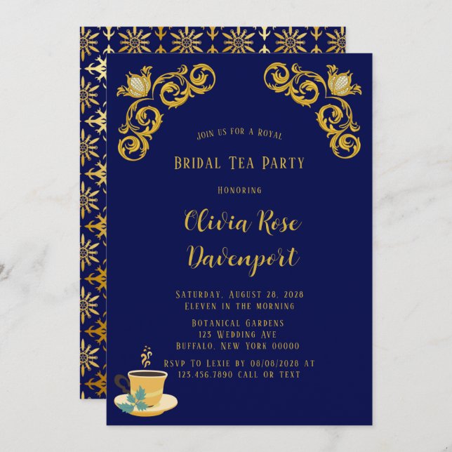 Invitation Bleu et or Royal Couronne Damask Bride Tea Party (Devant / Derrière)