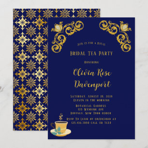 Invitation Bleu et or Royal Couronne Damask Bride Tea Party