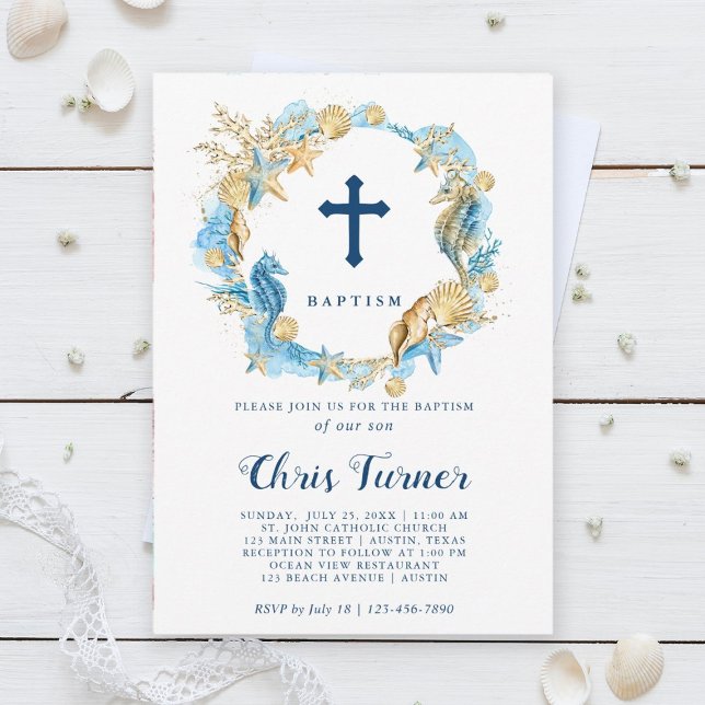 Invitation Bleu et or sous la mer Wreath Baptême (Créateur téléchargé)