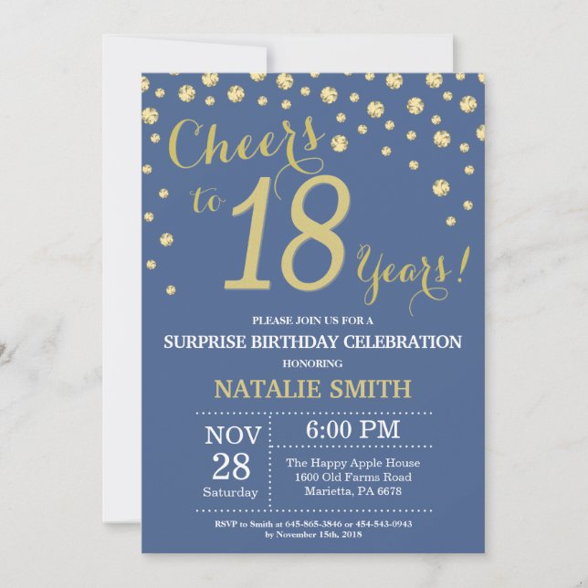 Invitation Bleu et or Surprise 18e Anniversaire Diamant (Devant)