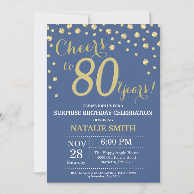 Invitation Bleu et or Surprise 80e Anniversaire Diamant (Devant)