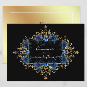 Invitation Bleu et or vintage paon floral Quinceañera