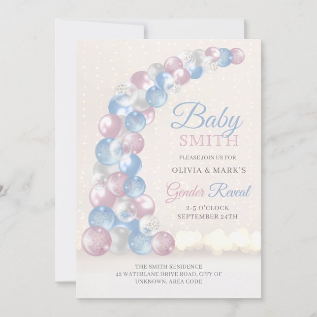 Invitation Bleu et rose Balloon Arch Baby Genre Révélation (Devant)