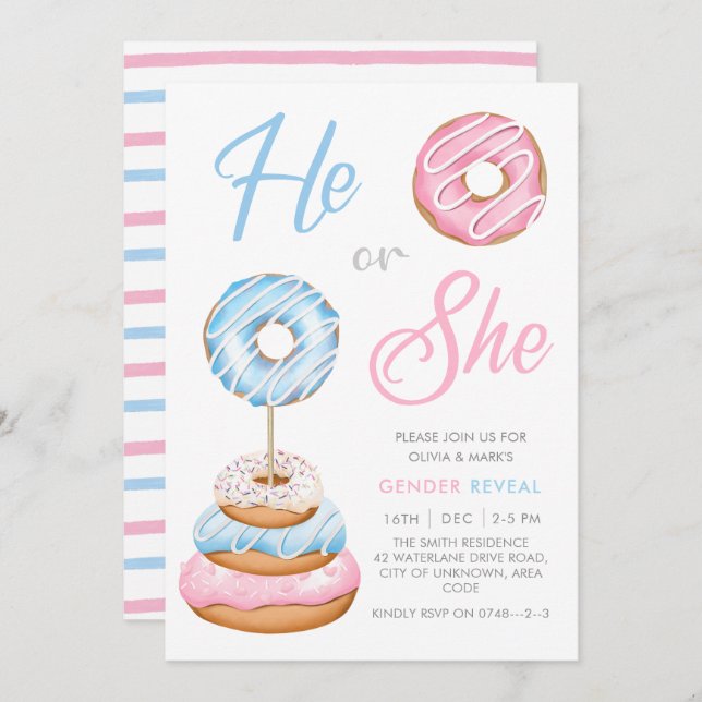 Invitation Bleu et rose beignets beignets Bébé Genre Révélati (Devant / Derrière)