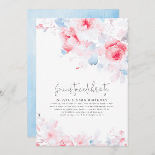 Invitation Bleu et rose floral élégant Anniversaire