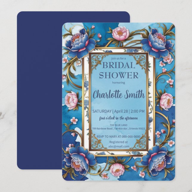 Invitation Bleu et rose Peony antique douche nuptiale (Devant / Derrière)
