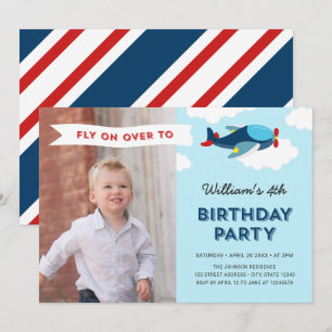 Invitation Bleu et rouge Avion photo fête d'anniversaire