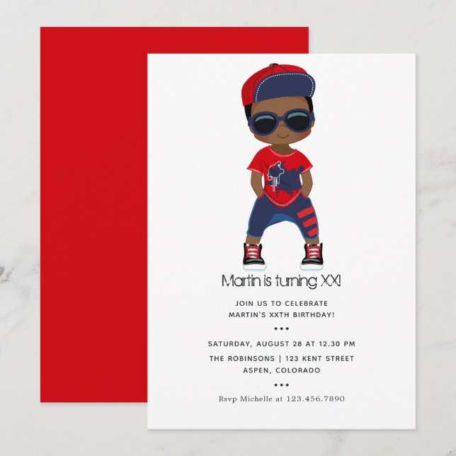 Invitation Bleu et rouge Hip hop thème Boy Birthday (Devant / Derrière)
