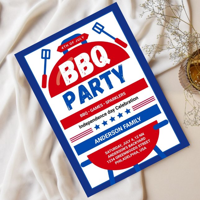 Invitation Bleu Et Rouge Illustré 4 juillet BBQ Party (Créateur téléchargé)