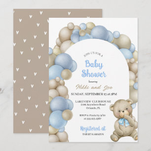 Invitation Bleu et Tan Balloon Arch Teddy Bear Baby shower