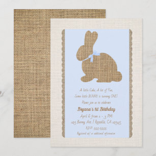 Invitation Bleu et toile de jute Lapin rustique Pâques 1er an