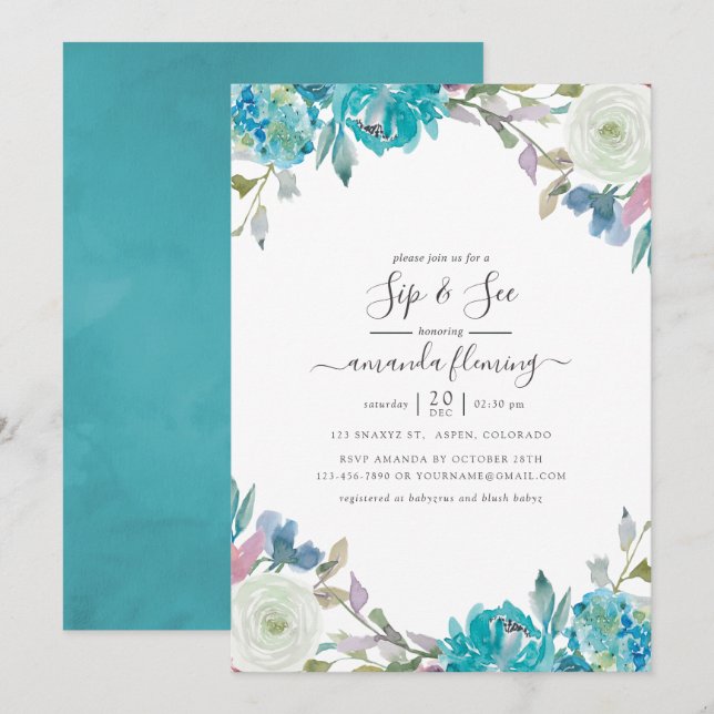 Invitation Bleu et Turquoise Sip floral et voir (Devant / Derrière)