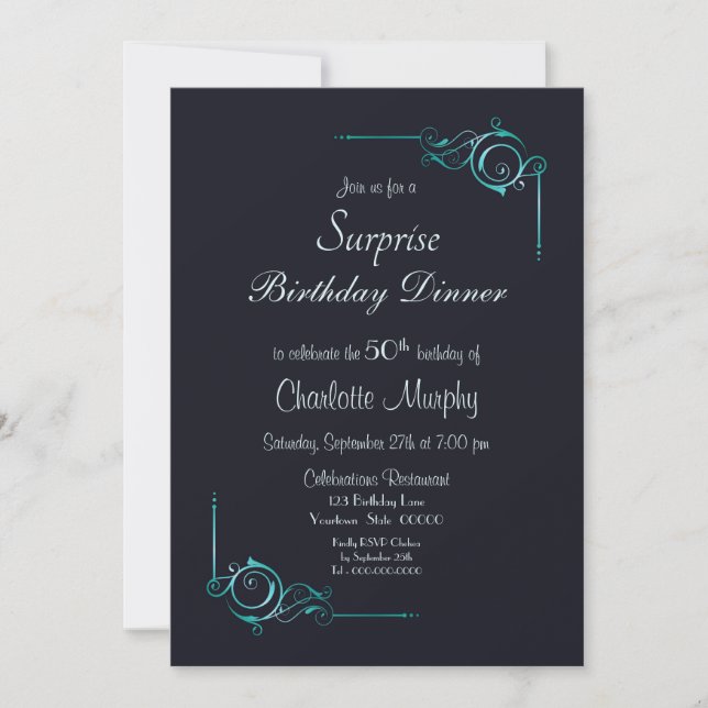 Invitation Bleu et Turquoise Surprise Dîner 50e Anniversaire (Devant)