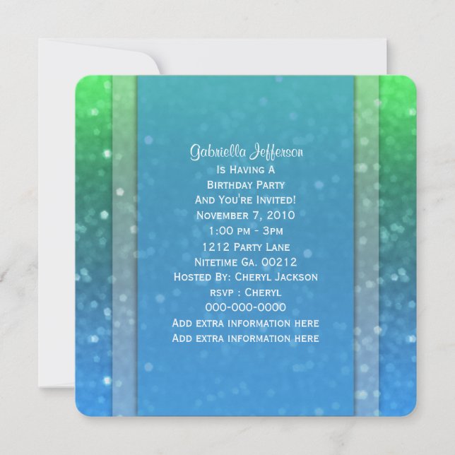 Invitation Bleu Et Vert Glitzy :Invitation de la fête (Devant)