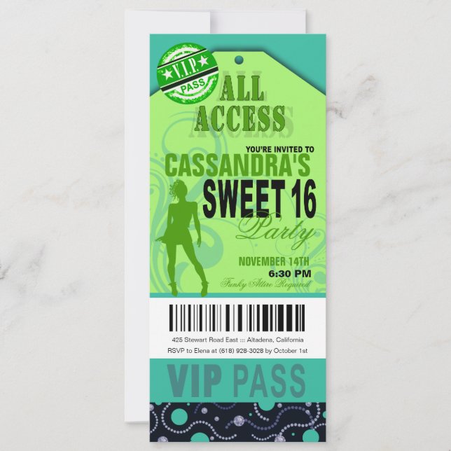 Invitation Bleu et vert VIP Sweet 16 Ticket Party (Devant)