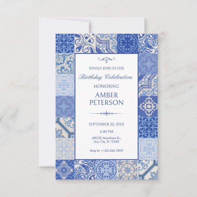 Invitation Bleu ethnique Boho Carreaux méditerranéens anniver (Devant)