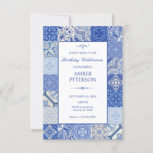 Invitation Bleu ethnique Boho Carreaux méditerranéens anniver