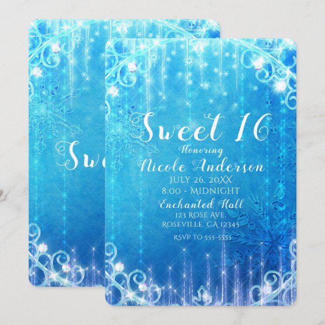 Invitation Bleu étincelant Gelée Gelée Douce 16 Anniversaire (Devant / Derrière)